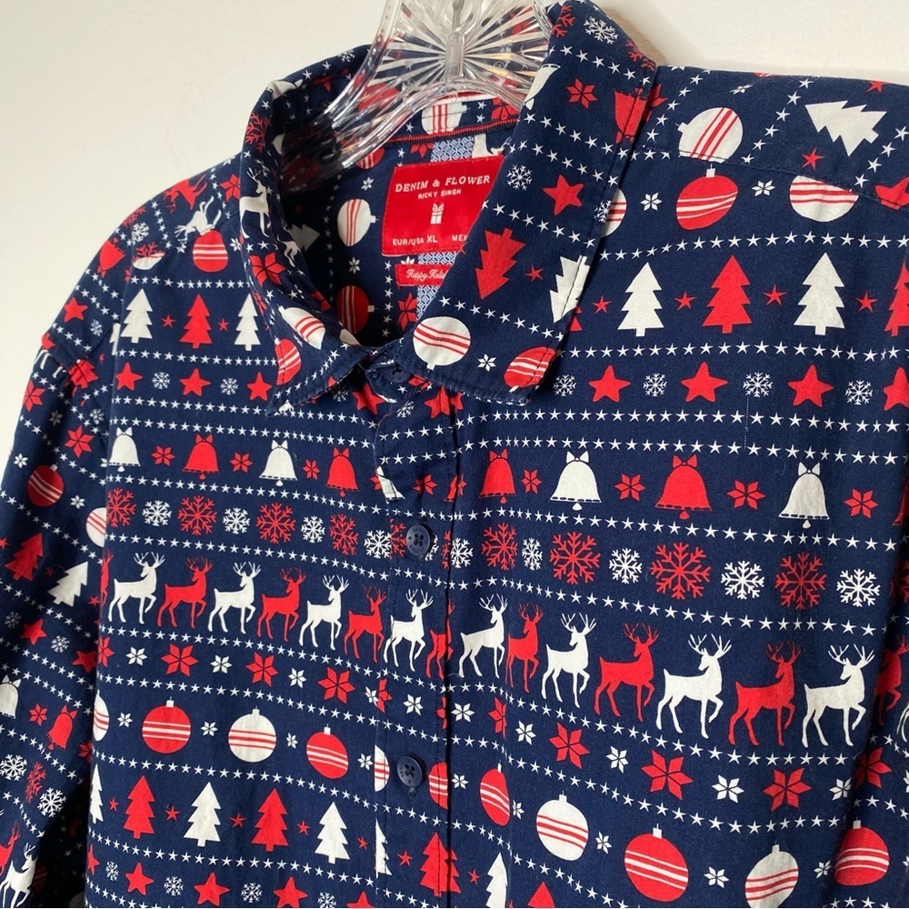 Denim & Flower Ricky Singh Happy Holidays Christmas Print Button Down Shirt
